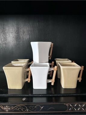 Joyce Chen Ceramic espresso cups with bamboo handles - Cream & Beige set of 7